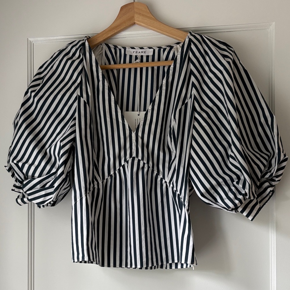 Frame Denim Blue & White Vertical Stripe Puff-Sleeve V-Neck Blouse